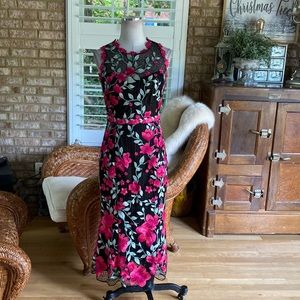 MARCHESA NOTTE Sleeveless Floral Embroidered Guipure Tea-length Gown In Black 2